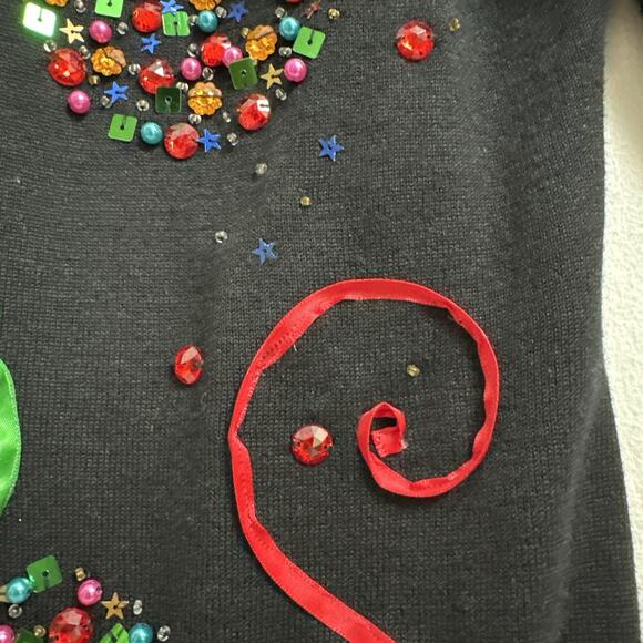 Vtg Christmas Sweater Ornaments Beaded Sequins Ribbon Black White S/M Holiday - Picture 8 of 14